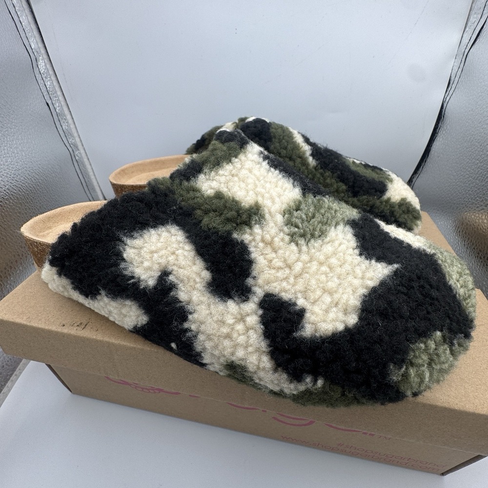 Sugar Women's Fuzzy Camo Slip-On Slippers in Black, Cream, Olive